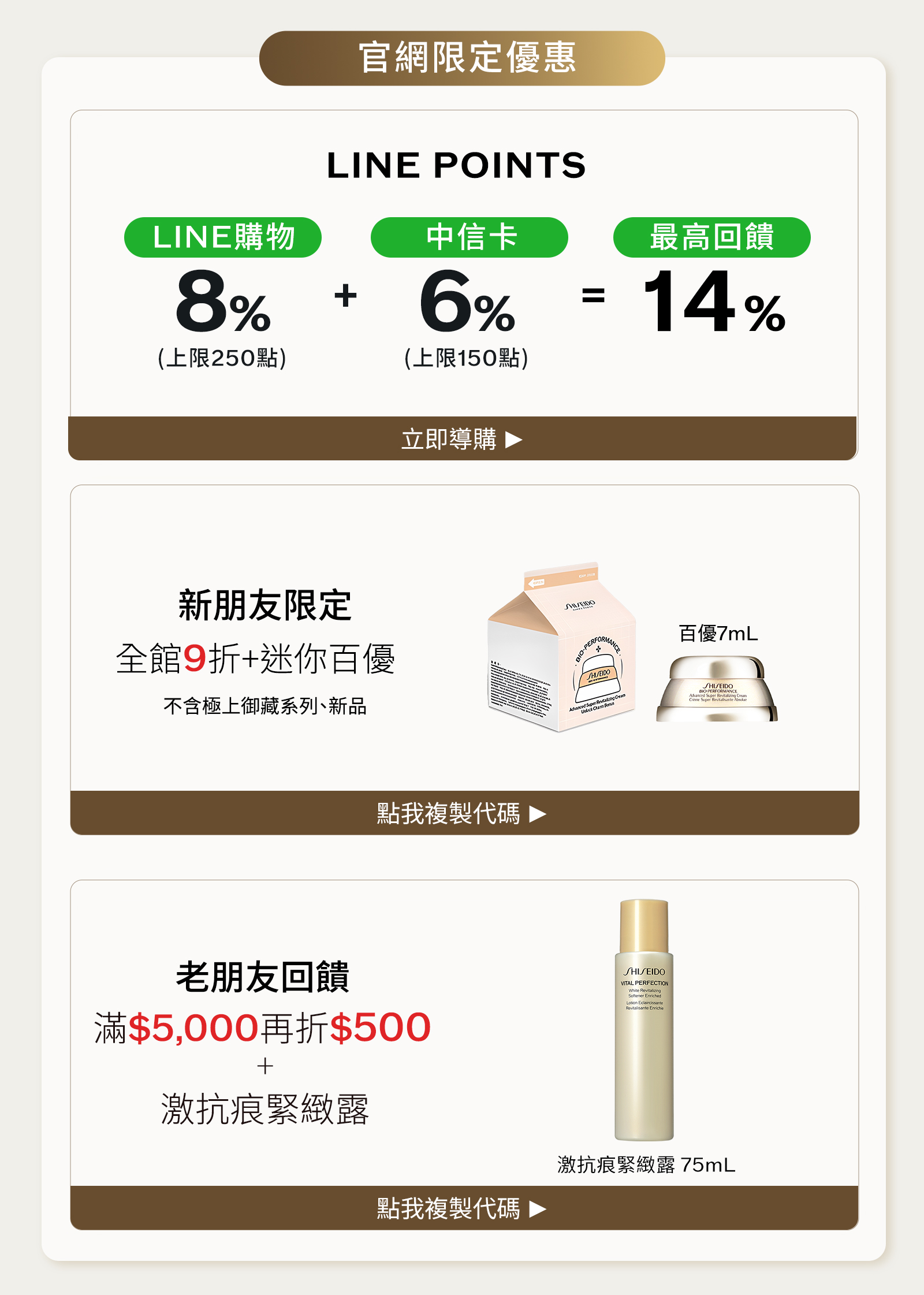 官網限定優惠：LINE POINTS最高回饋14%，新朋友WELCOME享9折加迷你百優，老朋友VIPONLY滿5000元再折500元並贈激抗痕緊緻露75mL