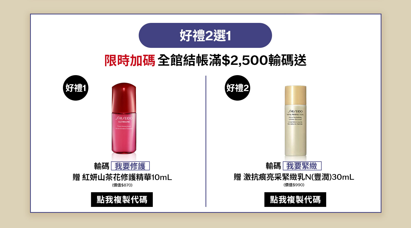 好禮2選1 限時加碼全館結帳滿$2,500輸碼送