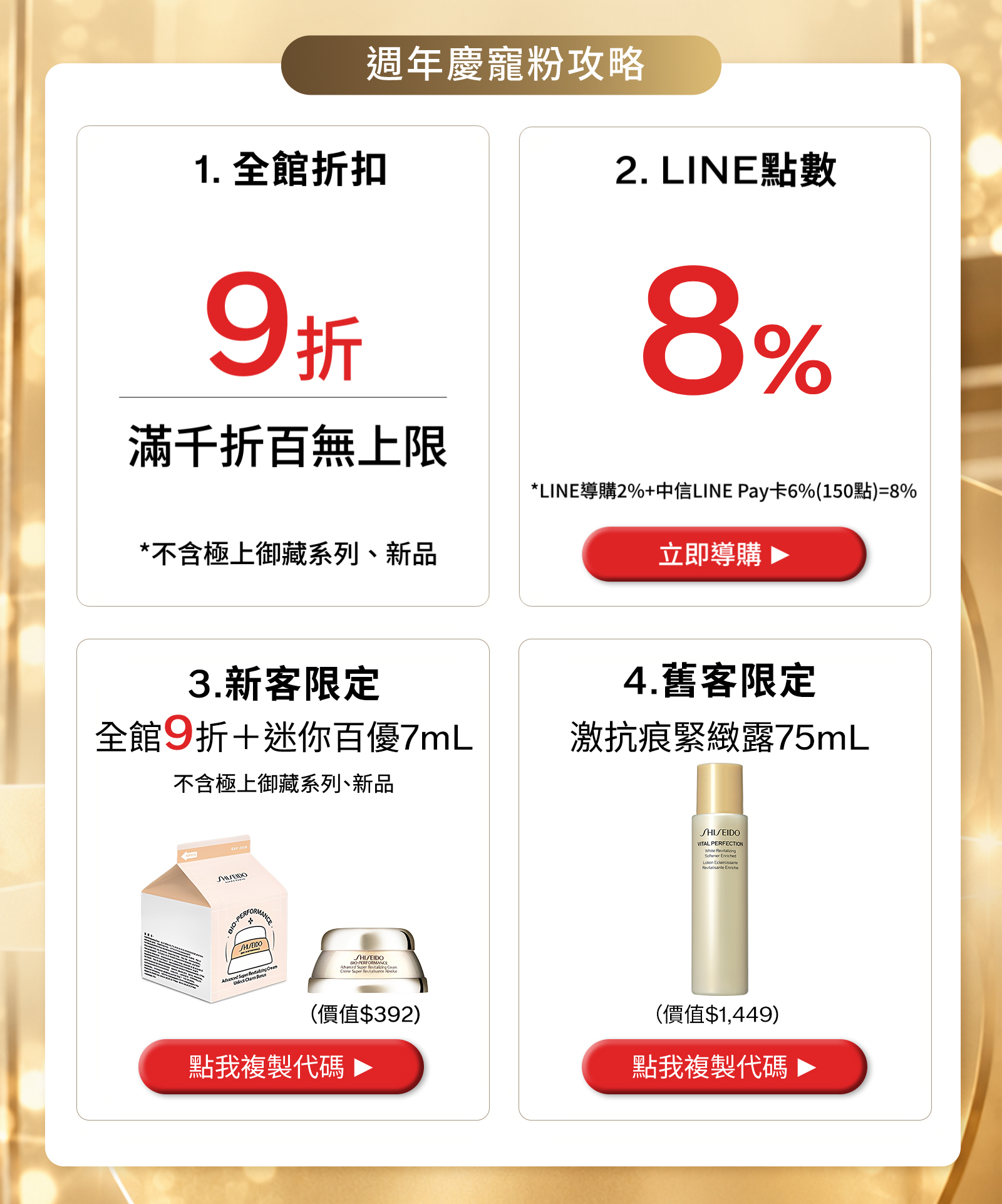 週年慶寵粉攻略：全館9折、LINE購物最高享8%、新客WELCOME優惠及舊客VIPONLY優惠