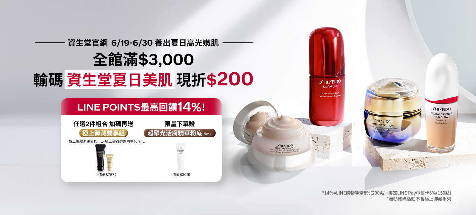 全館滿$3,000 輸碼 資生堂夏日美肌現折$200