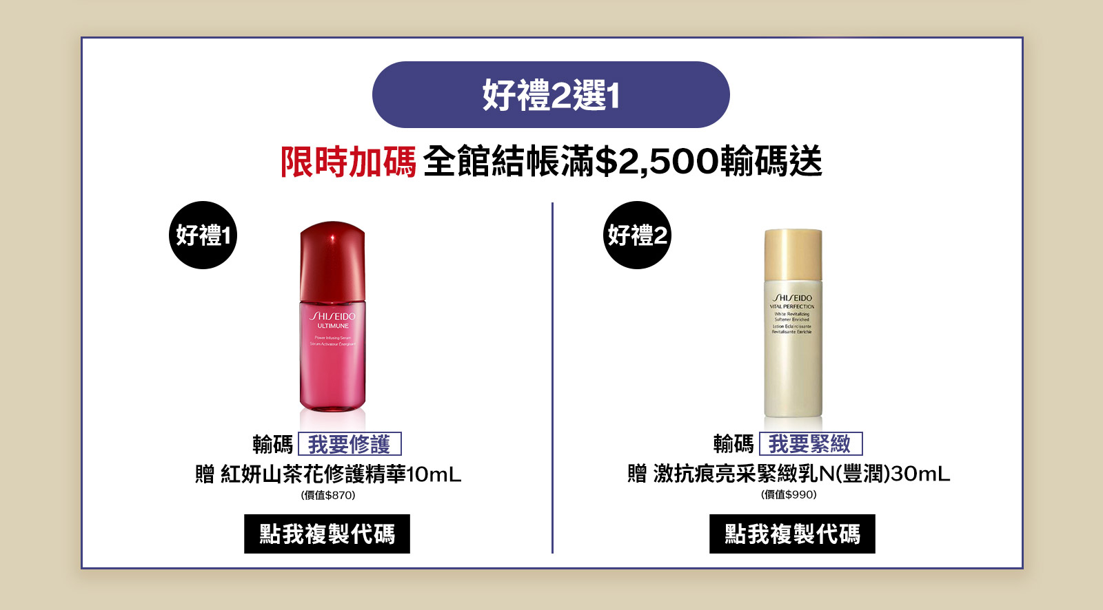 好禮2選1 限時加碼全館結帳滿$2,500輸碼送