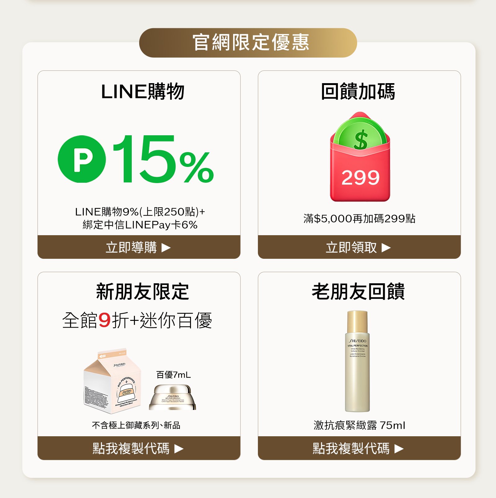 官網限定優惠：LINE購物9%加中信LINE Pay卡6%，滿5000元領取加碼299點；新朋友WELCOME享9折加迷你百優，老朋友VIPONLY享激抗痕緊緻露75mL