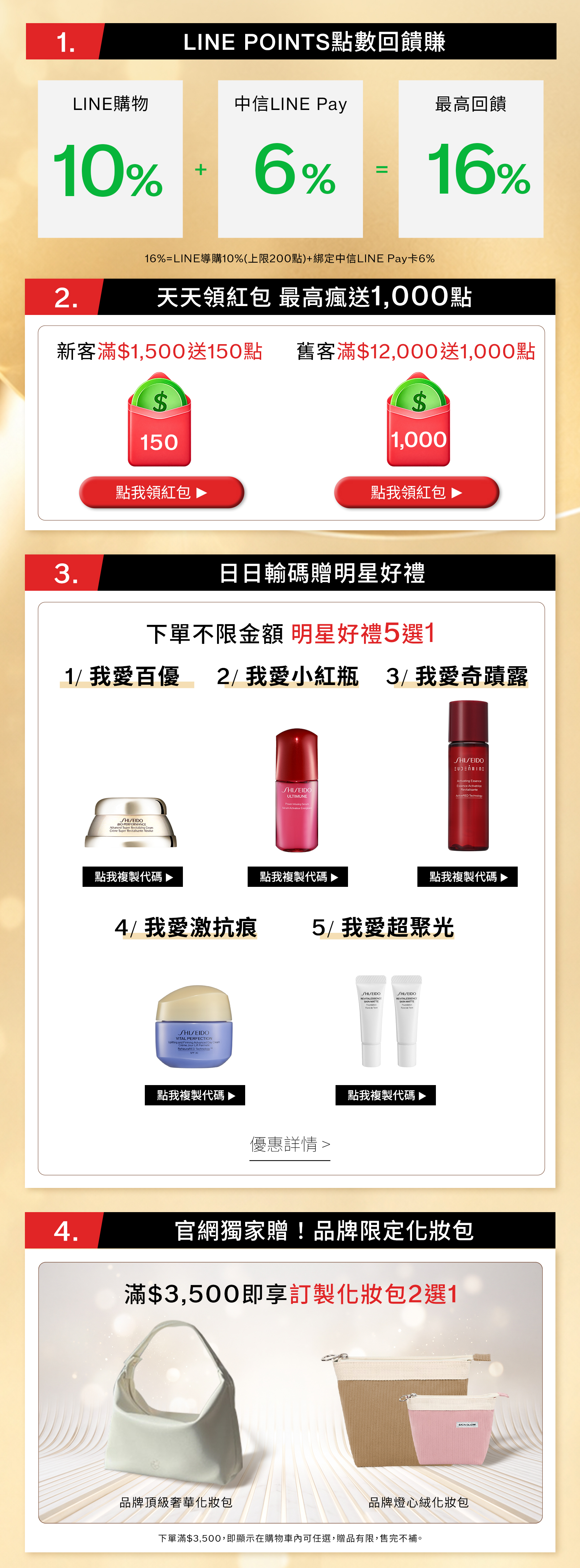 LINE購物10%上限200點加中信LINE Pay6%,最高16%;天天領紅包新客滿1500送150點、舊客滿12000送1000點;明星好禮五選一優惠碼;滿3500元品牌限定化妝包二選一