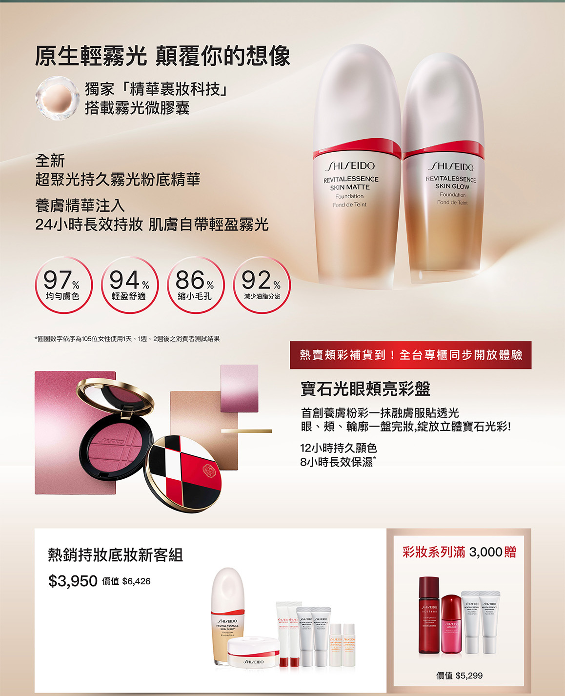 原生輕霧光顛覆你的想像 超聚光微膠囊粉底精華 寶石光眼頰亮彩盤 熱銷持妝底妝新客組與彩妝系列滿額贈
