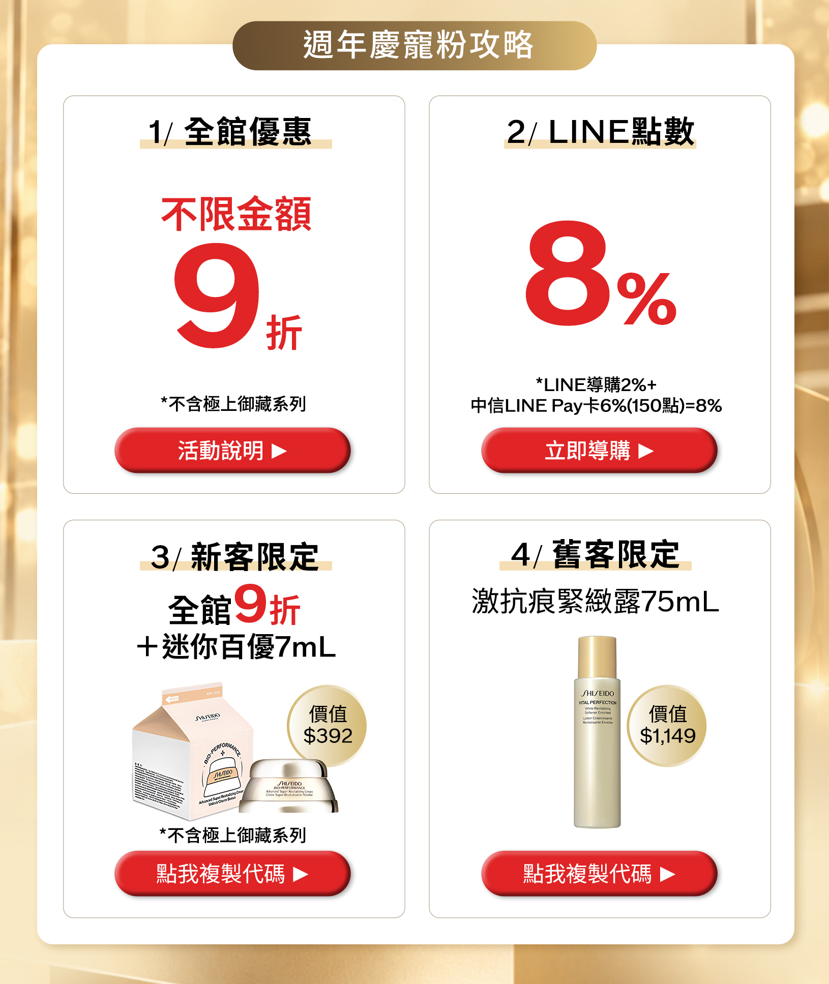 週年慶寵粉攻略：全館不限金額9折、LINE POINTS最高回饋8%、新客WELCOME優惠及舊客VIPONLY優惠