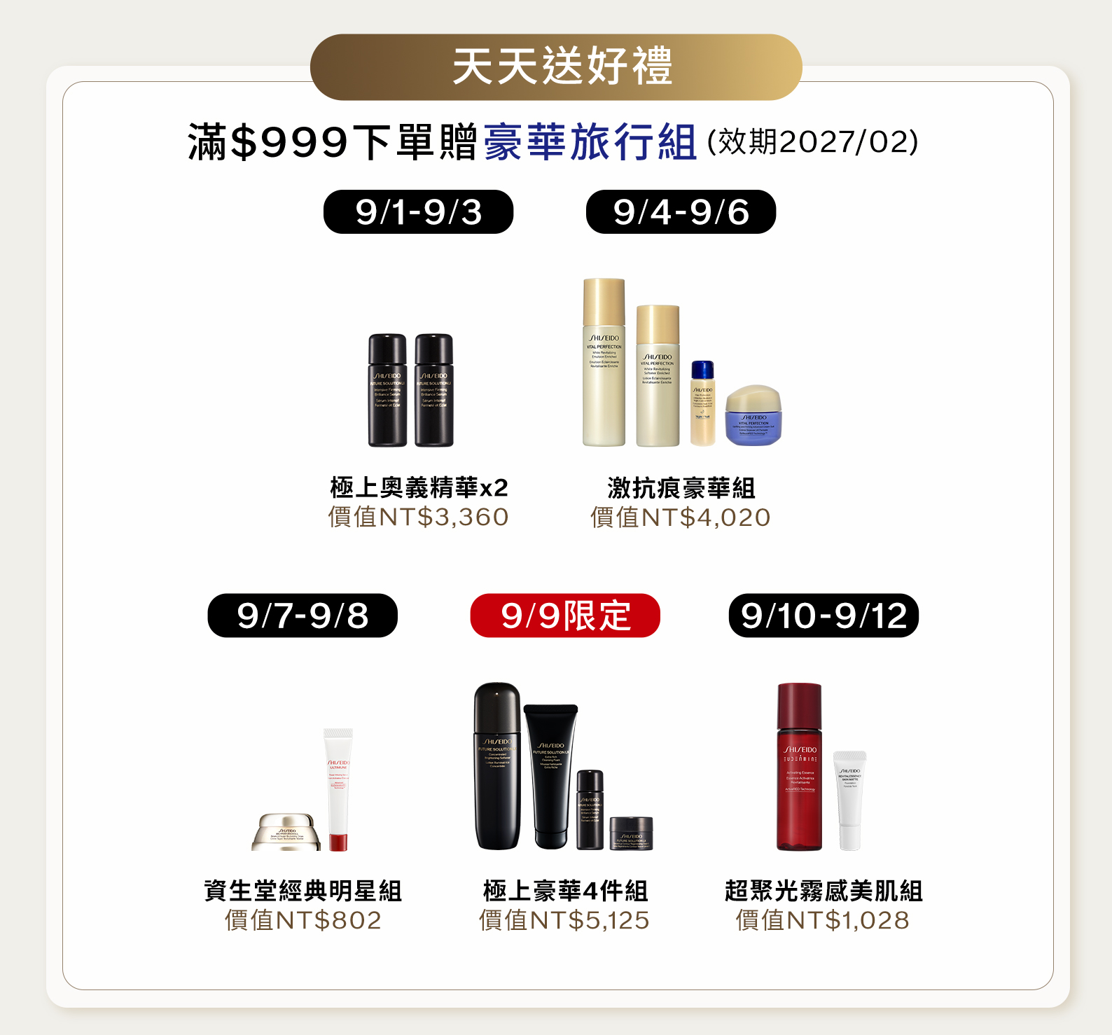 天天送好禮：滿999元下單贈豪華旅行組，9/1至9/3極上奧義精華2件、9/4至9/6激抗痕豪華組、9/7至9/8資生堂經典明星組、9/9極上豪華4件組、9/10至9/12超聚光霧感美肌組