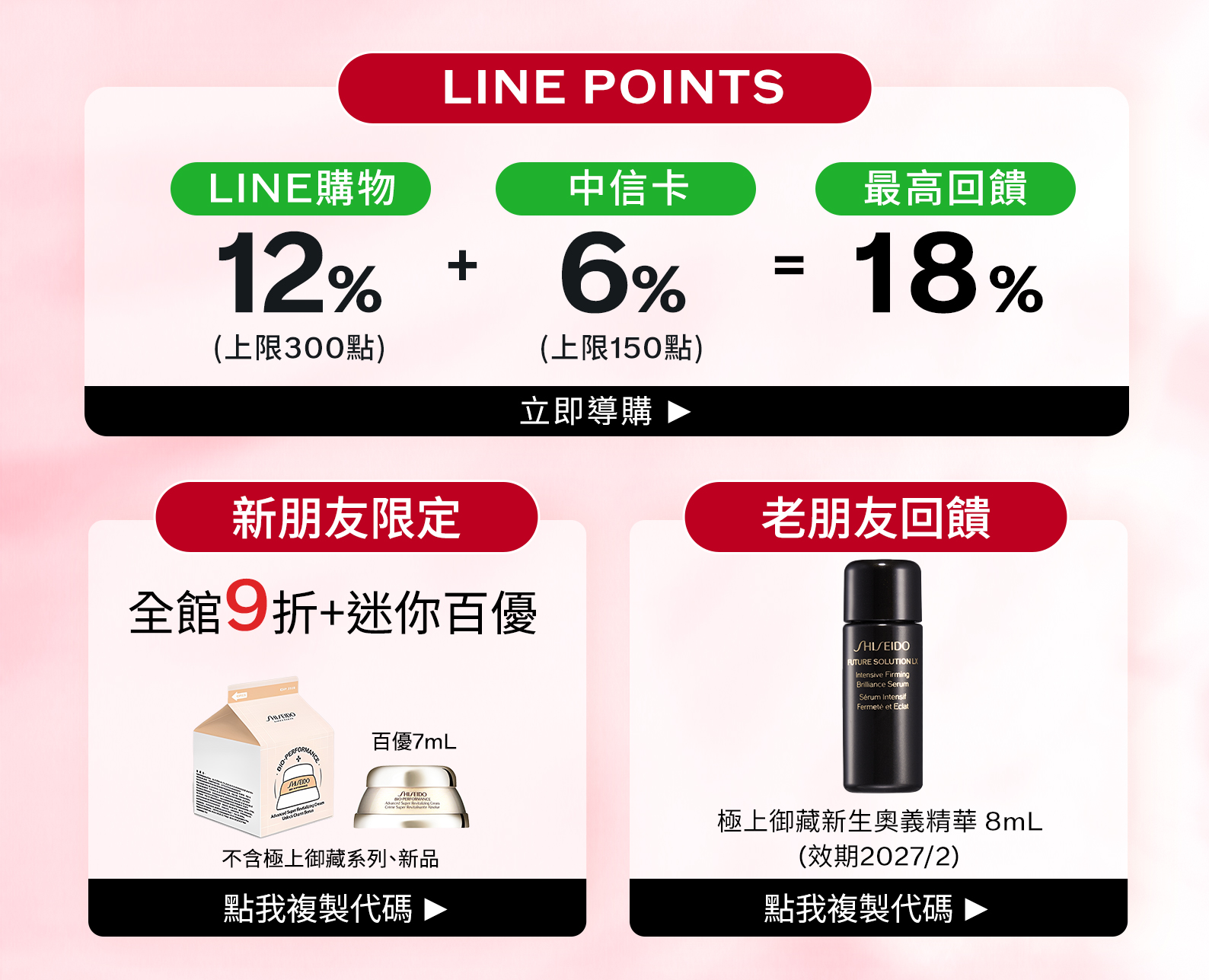 LINE購物12%加中信卡6%最高回饋18%，新朋友輸碼WELCOME、老朋友輸碼VIPONLY