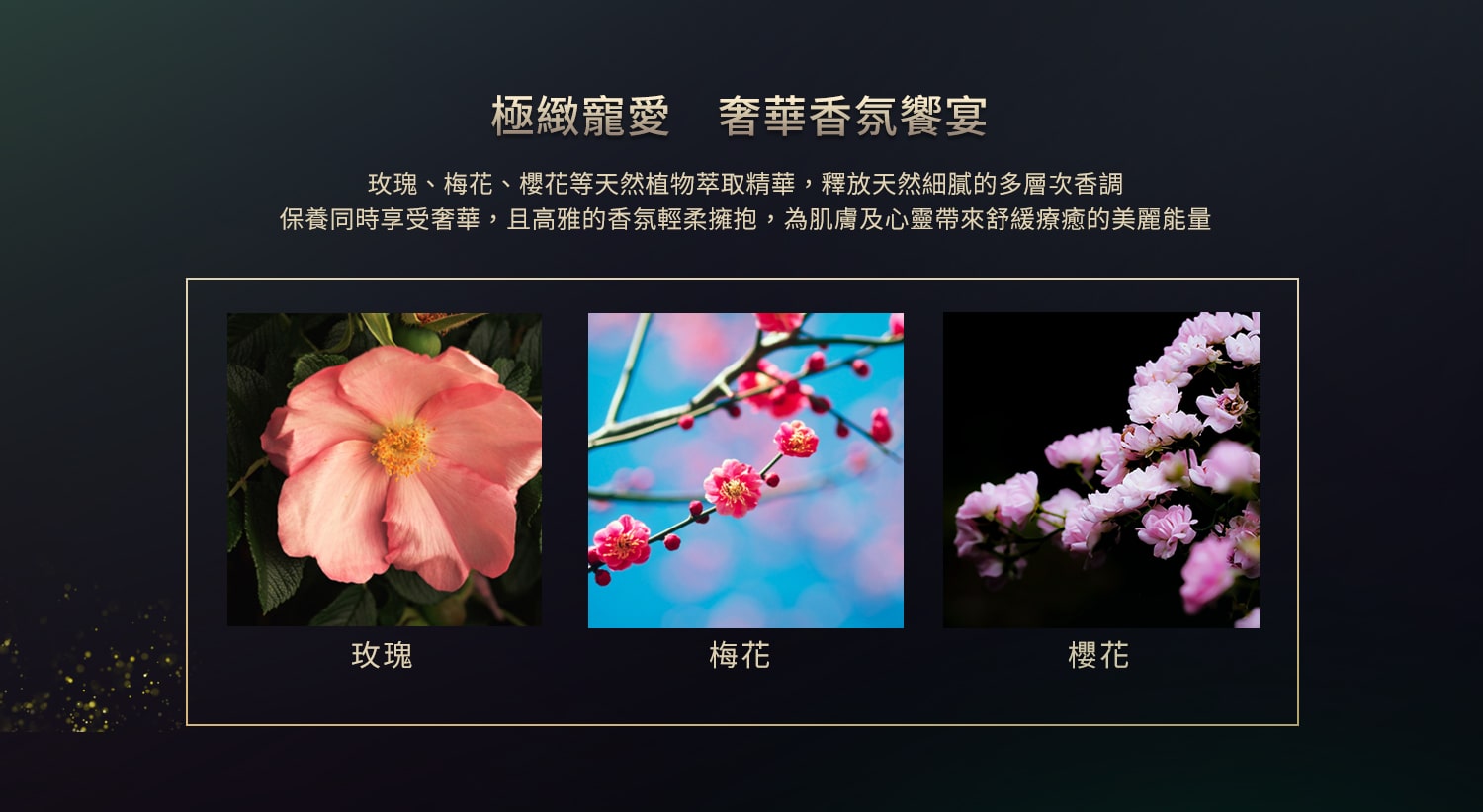 極緻寵愛 奢華香氛饗宴,玫瑰、梅花、櫻花等天然植物萃取精華，釋放天然細膩的多層次香調 保養同時享受奢華，且高雅的香氛輕柔擁抱，為肌膚及心靈帶來舒緩療癒