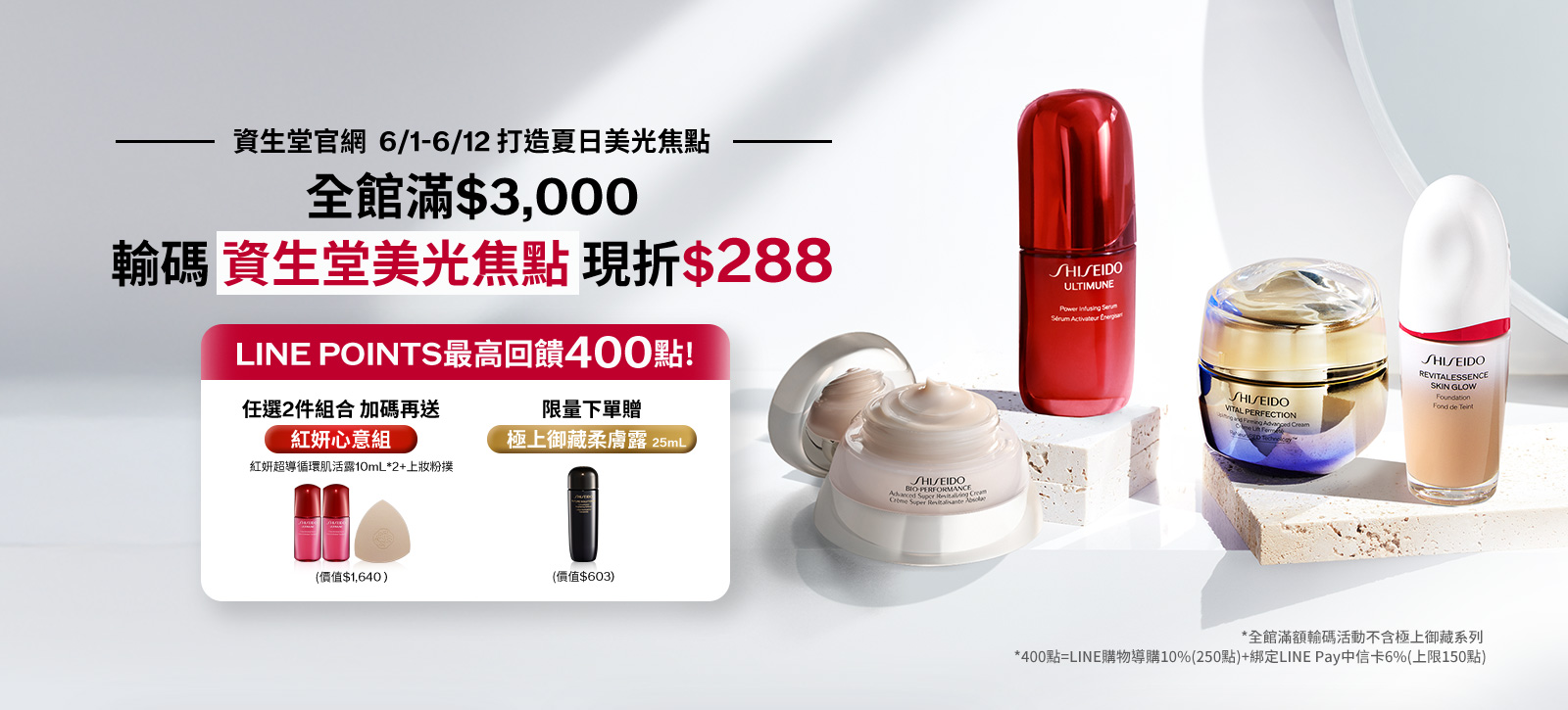 全館滿$3,000 輸碼 資生堂美光焦點 現折$288
